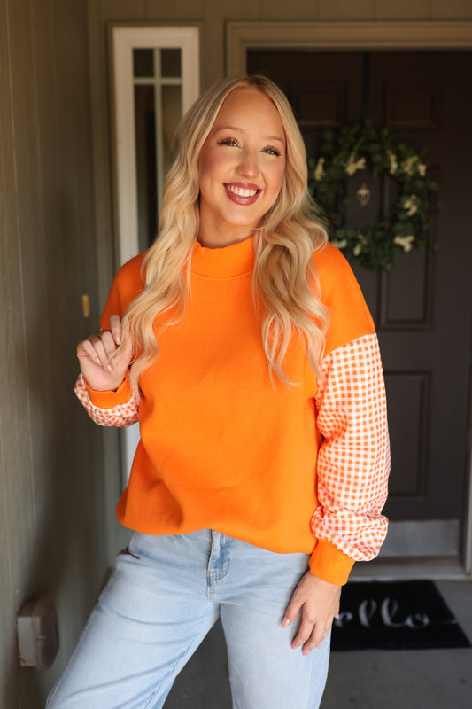 Orange Patchwork Mock Neck Tunic Sweatshirt