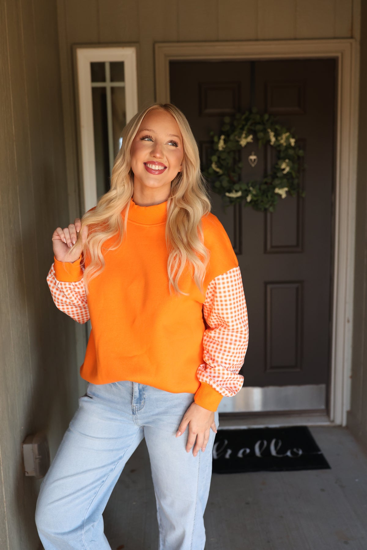 Orange Patchwork Mock Neck Tunic Sweatshirt