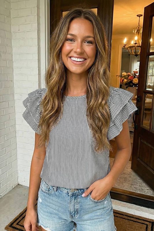 Stripe Flutter Sleeve Round Neck Blouse
