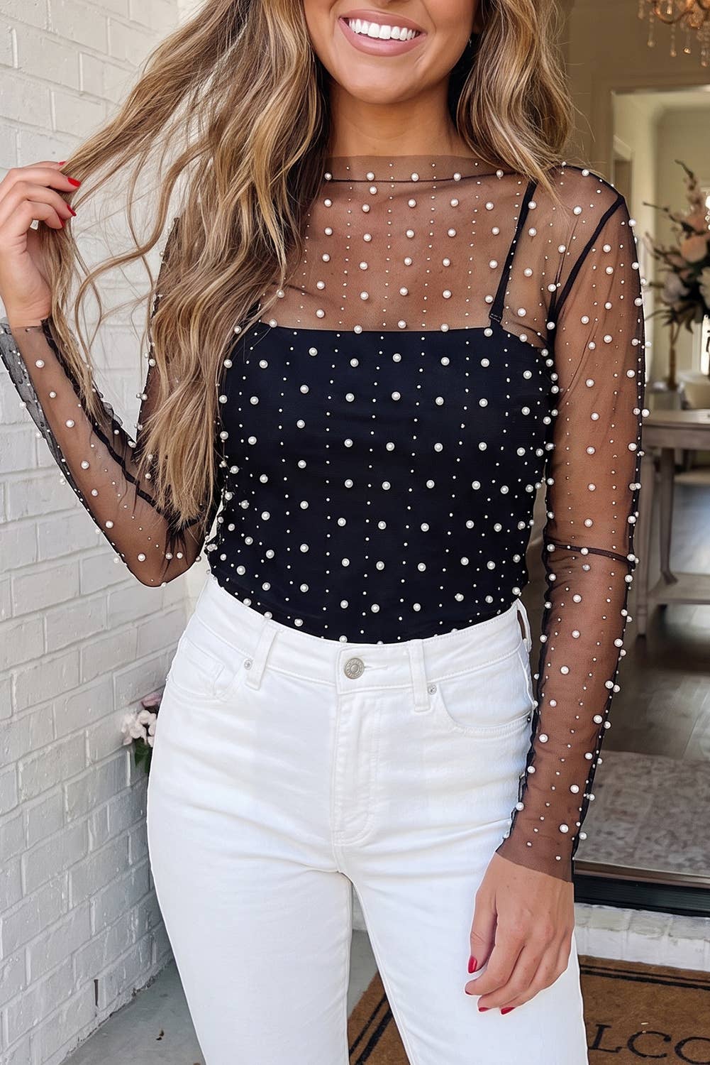 Pearl Beaded Mesh Raw Hem Top (One Size)