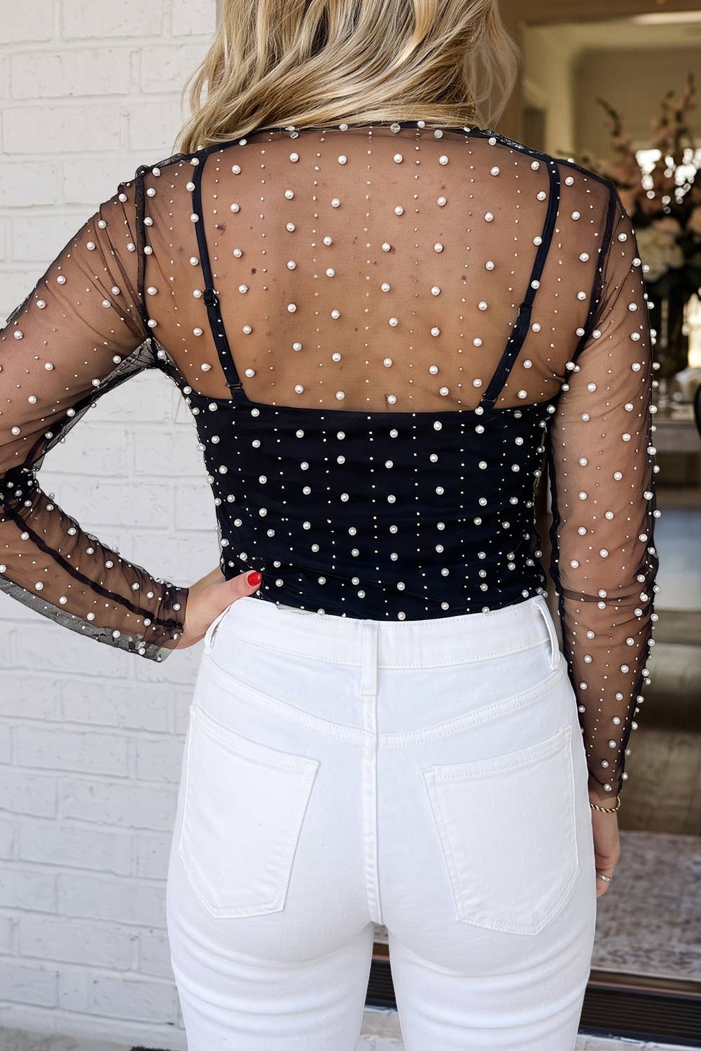 Pearl Beaded Mesh Raw Hem Top (One Size)