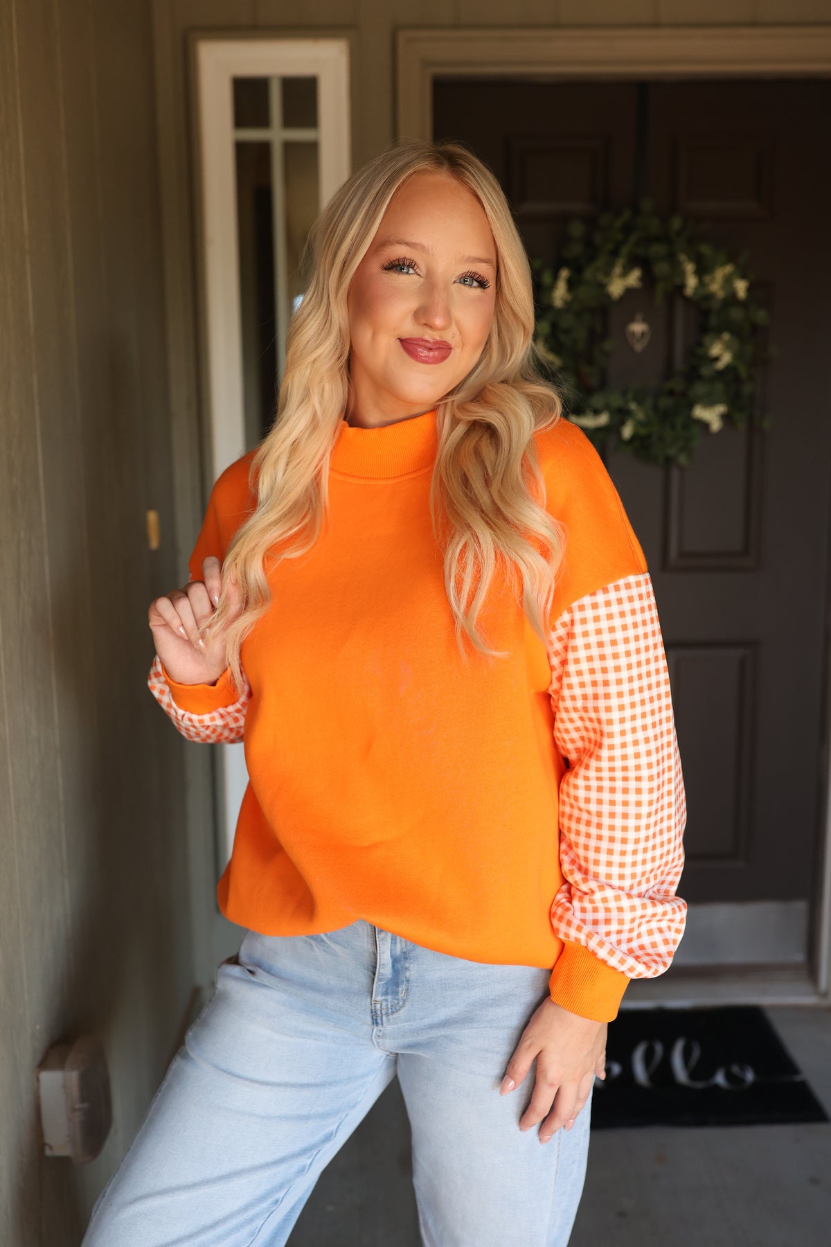 Orange Patchwork Mock Neck Tunic Sweatshirt