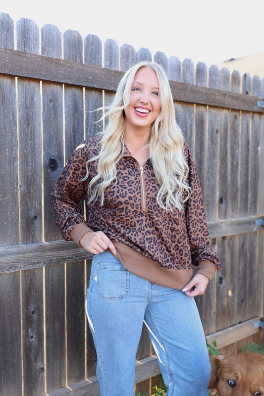 Leopard Print Half Zip Oversized Pullover Sweatshirt: Coffee
