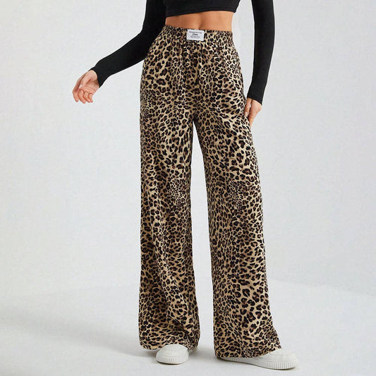 Leopard Print Wide Leg Pants High Waist Casual Trousers