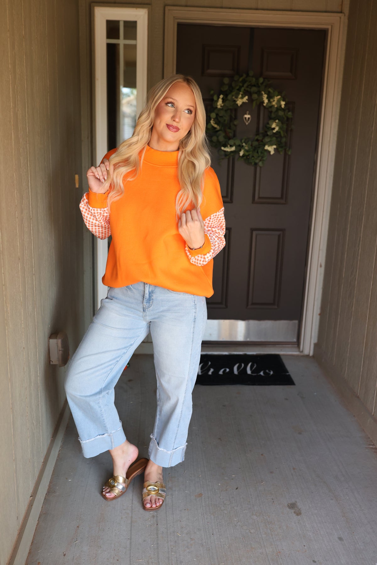Orange Patchwork Mock Neck Tunic Sweatshirt