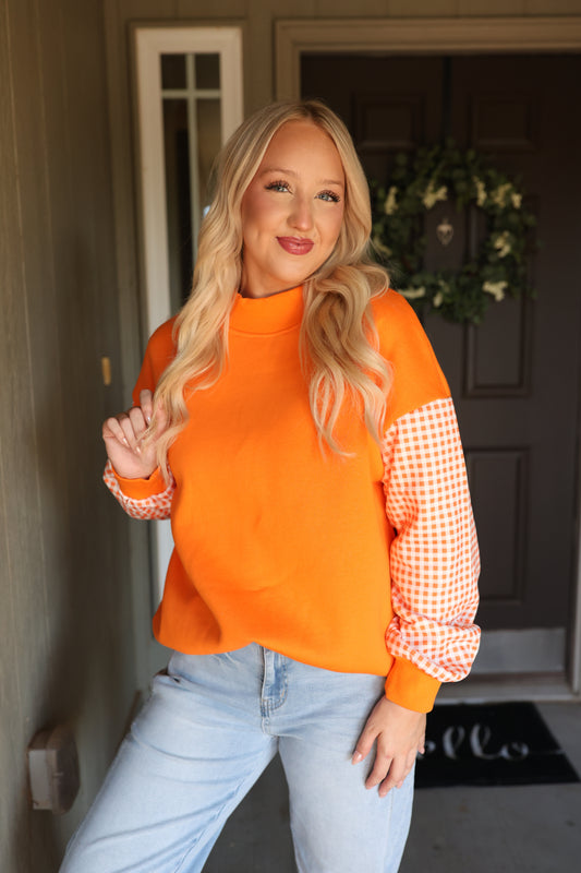 Orange Patchwork Mock Neck Tunic Sweatshirt