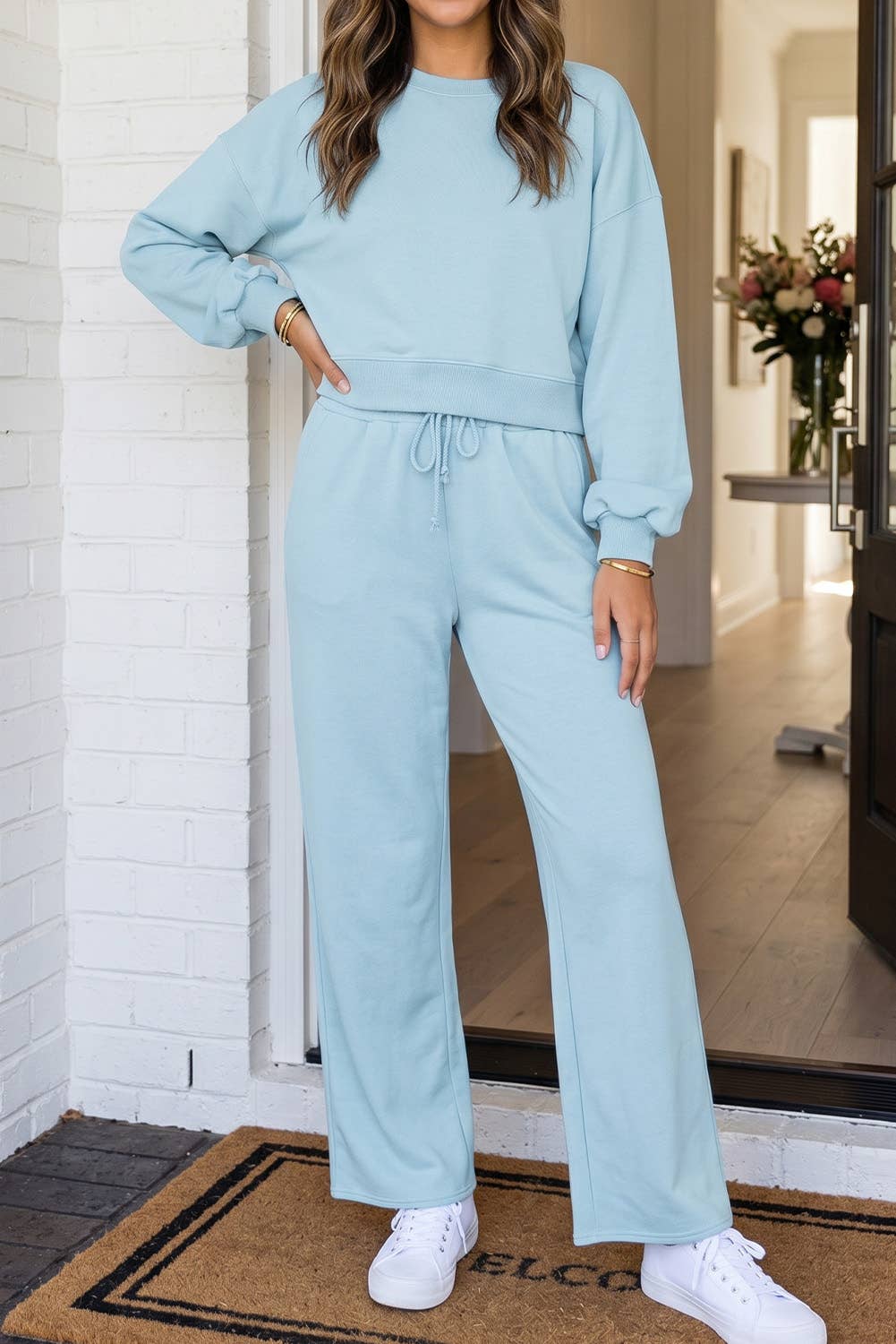 Drop Shoulder Pullover and Wide Leg Pants Set