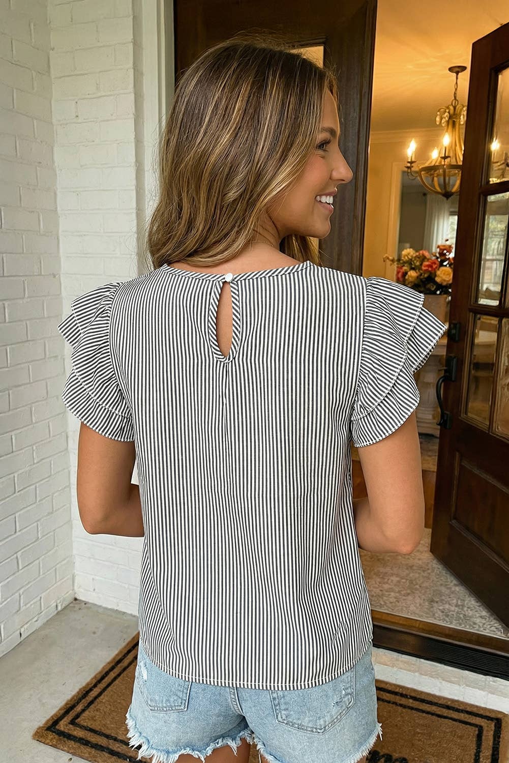 Stripe Flutter Sleeve Round Neck Blouse