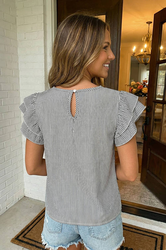 Stripe Flutter Sleeve Round Neck Blouse